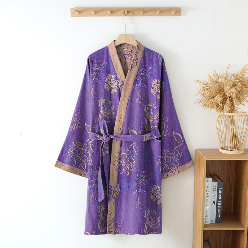 Peignoir kimono bicolore en gaze de coton à motif pivoine - image 1