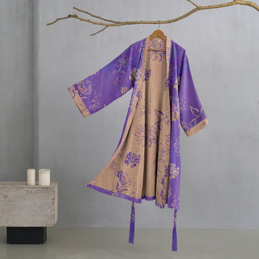 Peignoir kimono bicolore en gaze de coton à motif pivoine - Violet - XL - image 0