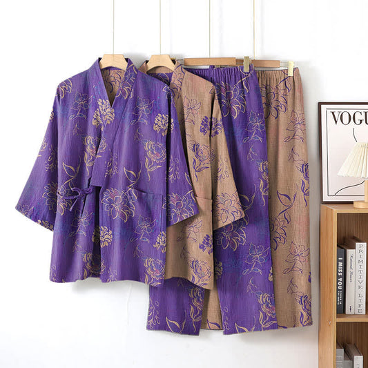 Ensemble de vêtements d'intérieur kimono en gaze de coton pivoine - image 0