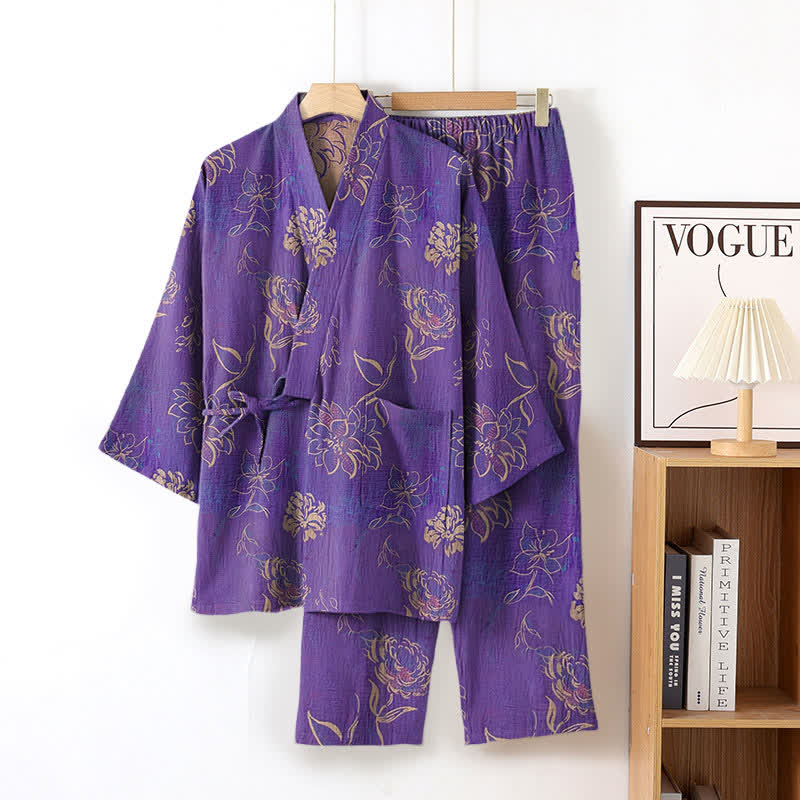 Ensemble de vêtements d'intérieur kimono en gaze de coton pivoine - Violet - XL - image 1