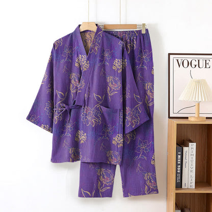 Ensemble de vêtements d'intérieur kimono en gaze de coton pivoine - Violet - XL - image 1