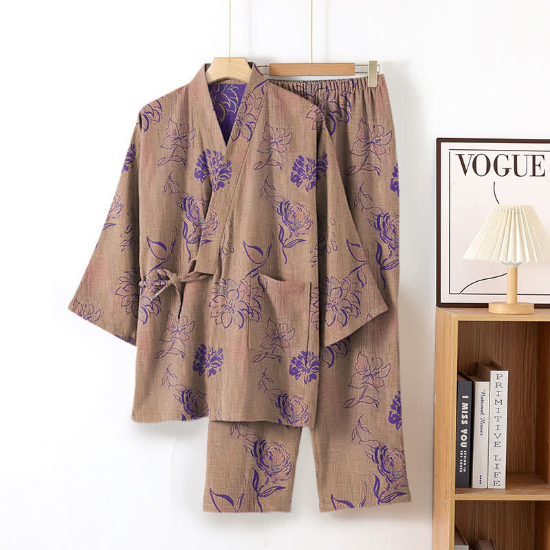 Ensemble de vêtements d'intérieur kimono en gaze de coton pivoine - Gris Rose - XL - image 4