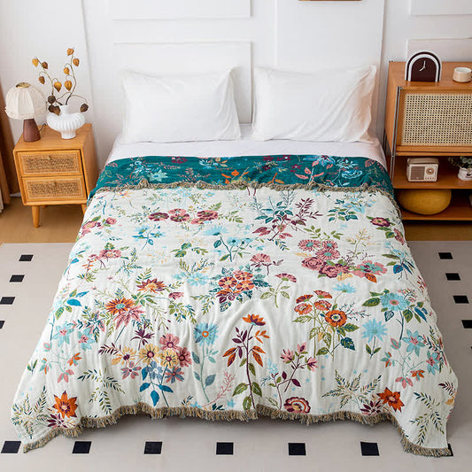 Couette à pompons en coton naturel avec vignes florales - 230 cm x 250 cm - image 0