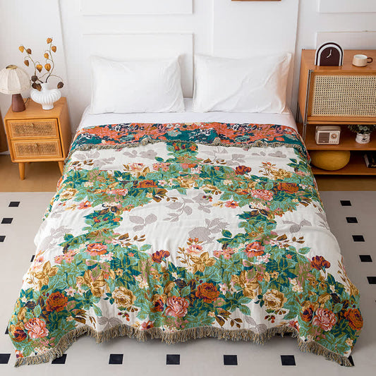 Couette fleurie Wonderland en coton naturel avec pompons - 200cm x 230cm - image 0