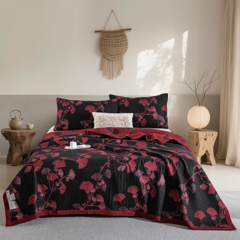 Couette réversible en coton avec feuilles de ginkgo orange - Noir et rouge - Couette avec 2 taies d'oreiller - 240cm x 250cm - image 12