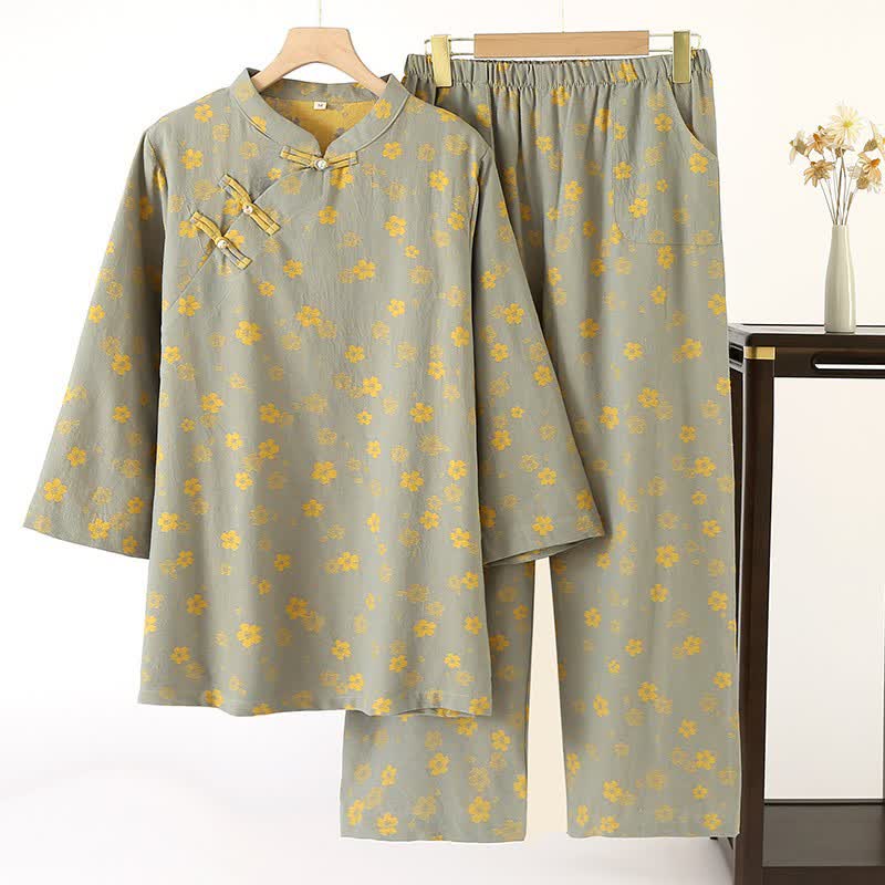 Pyjama en gaze de coton à fleurs orientales et motif jacquard - XL - image 0