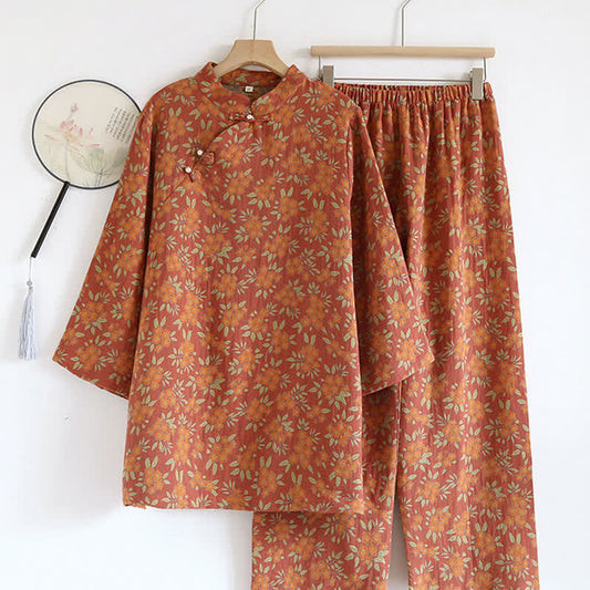Pyjama en gaze de coton orange à motif floral jacquard - XL - image 0
