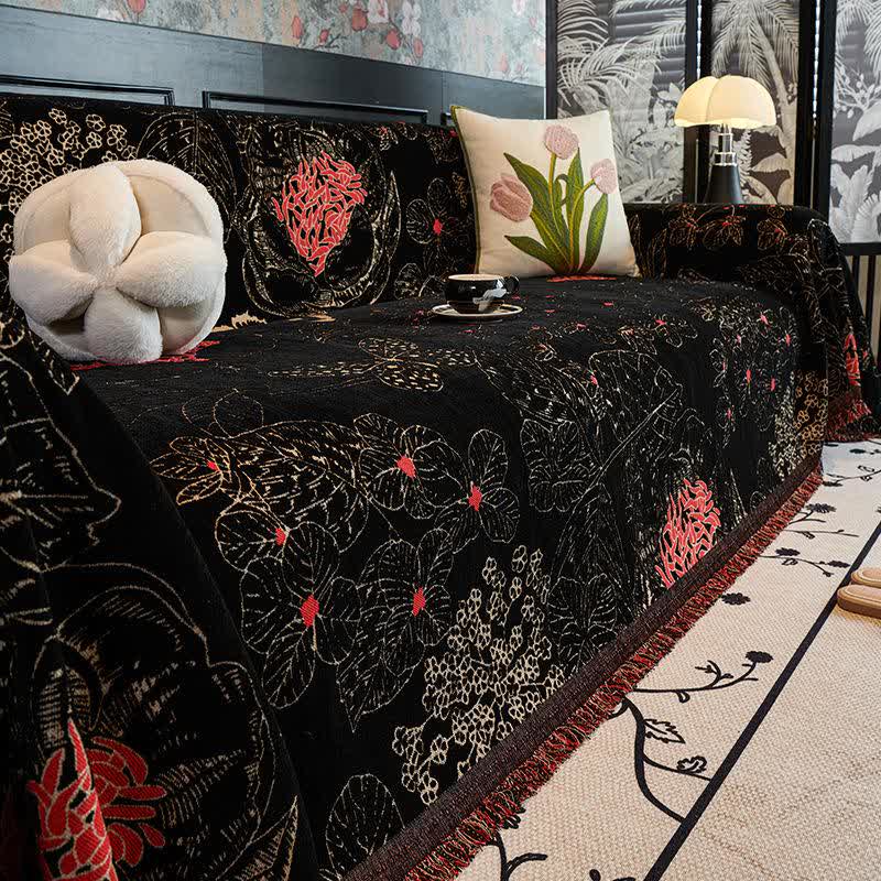 Couverture de canapé réversible à motif floral rustique - Noir - 180cm x 340cm - image 1