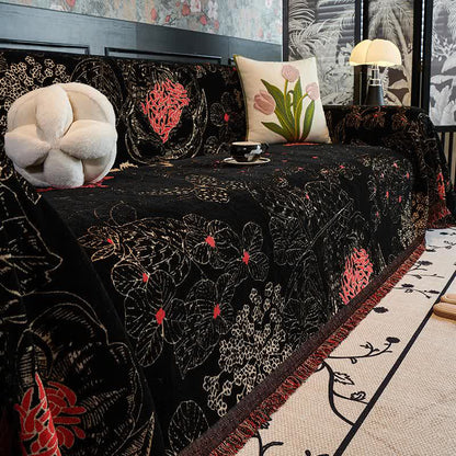 Couverture de canapé réversible à motif floral rustique - Noir - 180cm x 340cm - image 1