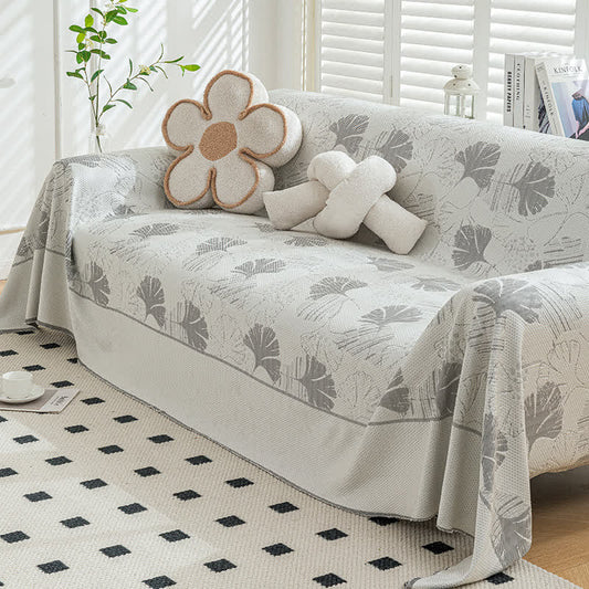 Housse de canapé en soie glacée avec feuilles de ginkgo - gris foncé - 180cm x 340cm - image 0