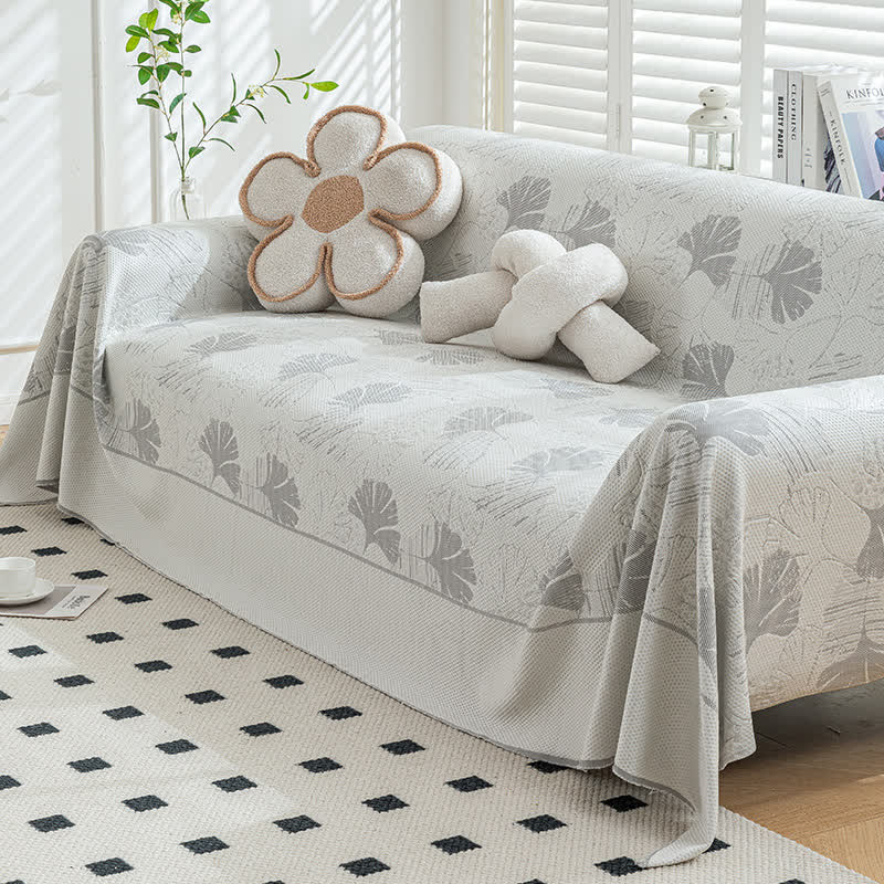 Housse de canapé en soie glacée avec feuilles de ginkgo - Gris clair - 180cm x 340cm - image 3