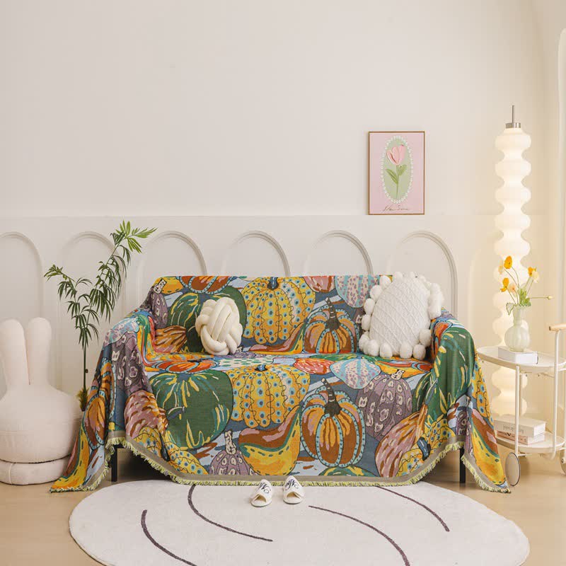 Couverture de canapé en chenille à motif citrouille artistique - 180cm x 340cm - image 0