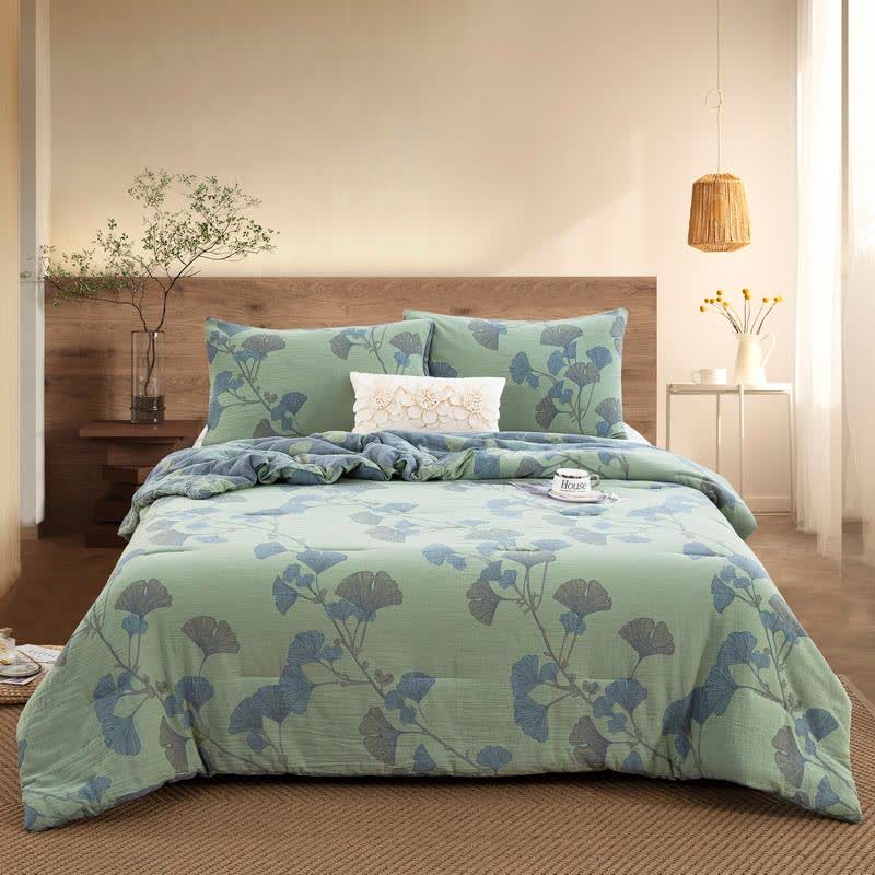 Linge de lit réversible en gaze de coton avec feuilles de ginkgo - Couette avec 2 taies d'oreiller - Vert - 228 cm x 265 cm - image 0