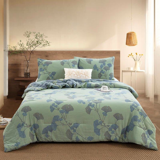 Linge de lit réversible en gaze de coton avec feuilles de ginkgo - Couette avec 2 taies d'oreiller - Vert - 228 cm x 265 cm - image 0
