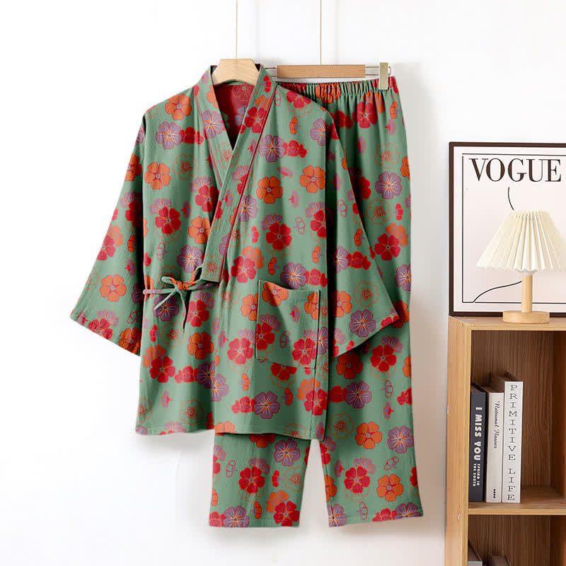 Ensemble de vêtements de détente kimono en coton Plum Blossom - Vert - XL - image 4