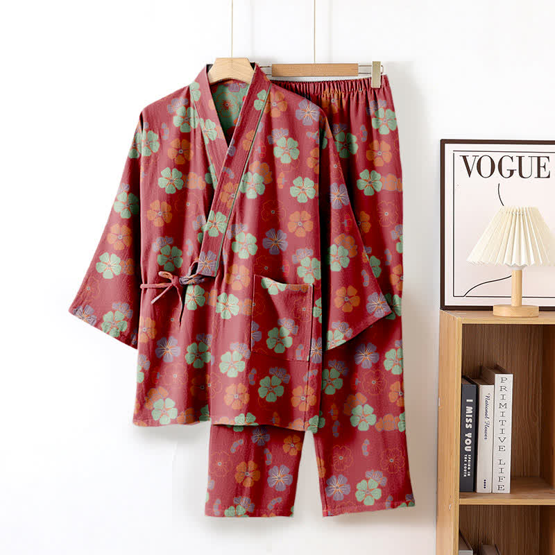 Ensemble de vêtements de détente kimono en coton Plum Blossom - Rouge - XL - image 1