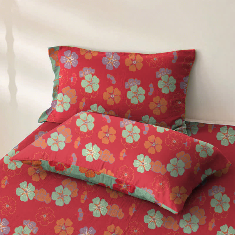 Couvre-lit en coton biologique « Fleur de prunier » - Rouge - 2 taies d'oreiller - 102 cm x 51 cm - image 6