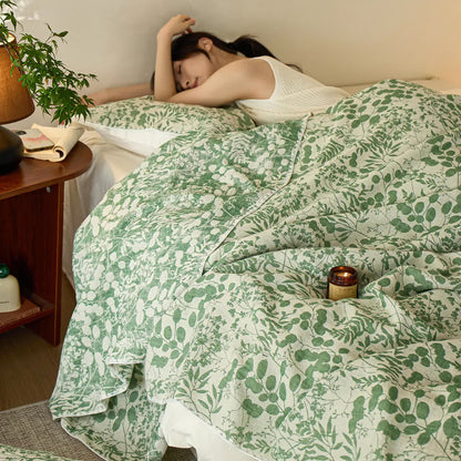 Couette en gaze de coton à motif floral doux Ownkoti - Couvre-lit avec 2 serviettes de lit - Vert - 200 cm x 230 cm - image 21