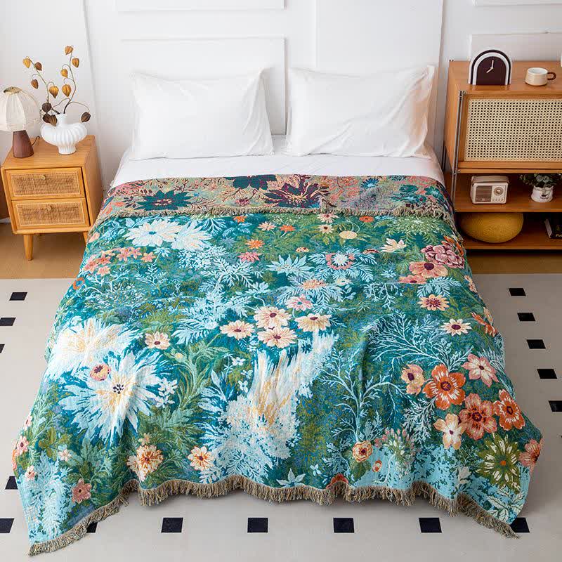 Couette à pompons et motif marguerites forestières en gaze de coton - 200cm x 230cm - image 0