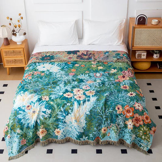 Couette à pompons et motif marguerites forestières en gaze de coton - 200cm x 230cm - image 0