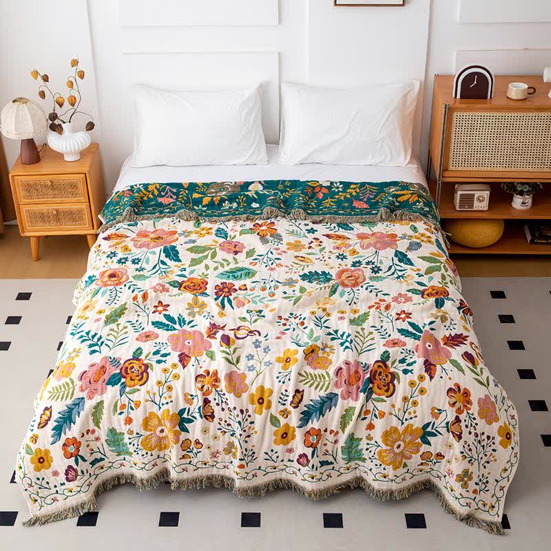 Couverture à pompons en coton coloré avec pétales de fleurs - 200cm x 230cm - image 0