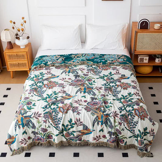 Couette à pompons en gaze de coton avec oiseau en vol - Blanc et vert - 200cm x 230cm - image 0