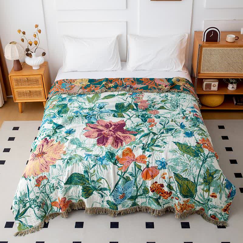 Couette en coton avec pompons et fleurs des champs vertes - 200cm x 230cm - image 0