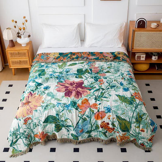 Couette en coton avec pompons et fleurs des champs vertes - 200cm x 230cm - image 0