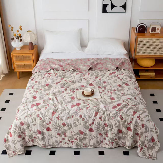 Couette en gaze de coton multicouche à motif floral - Rouge - 200cm x 230cm - image 0