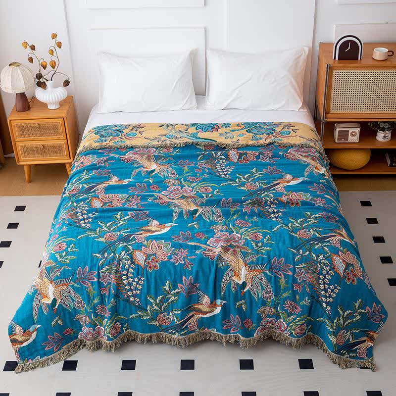 Couette à pompons en gaze de coton avec oiseau en vol - Bleu et jaune - 200cm x 230cm - image 6