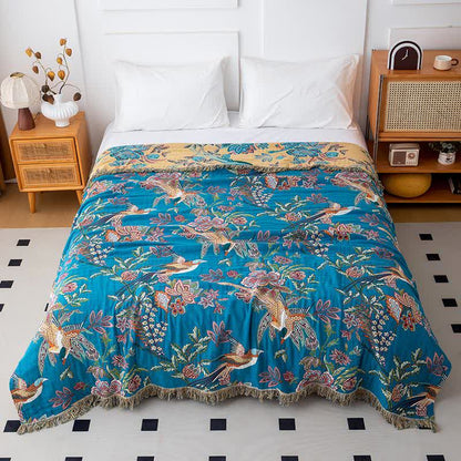Couette à pompons en gaze de coton avec oiseau en vol - Bleu et jaune - 200cm x 230cm - image 6