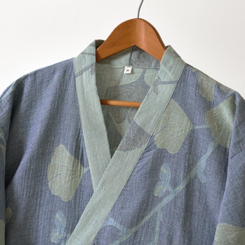 Peignoir kimono en coton bio avec feuille de ginkgo - image 3