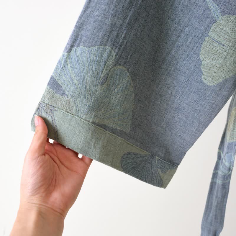 Peignoir kimono en coton bio avec feuille de ginkgo - image 7
