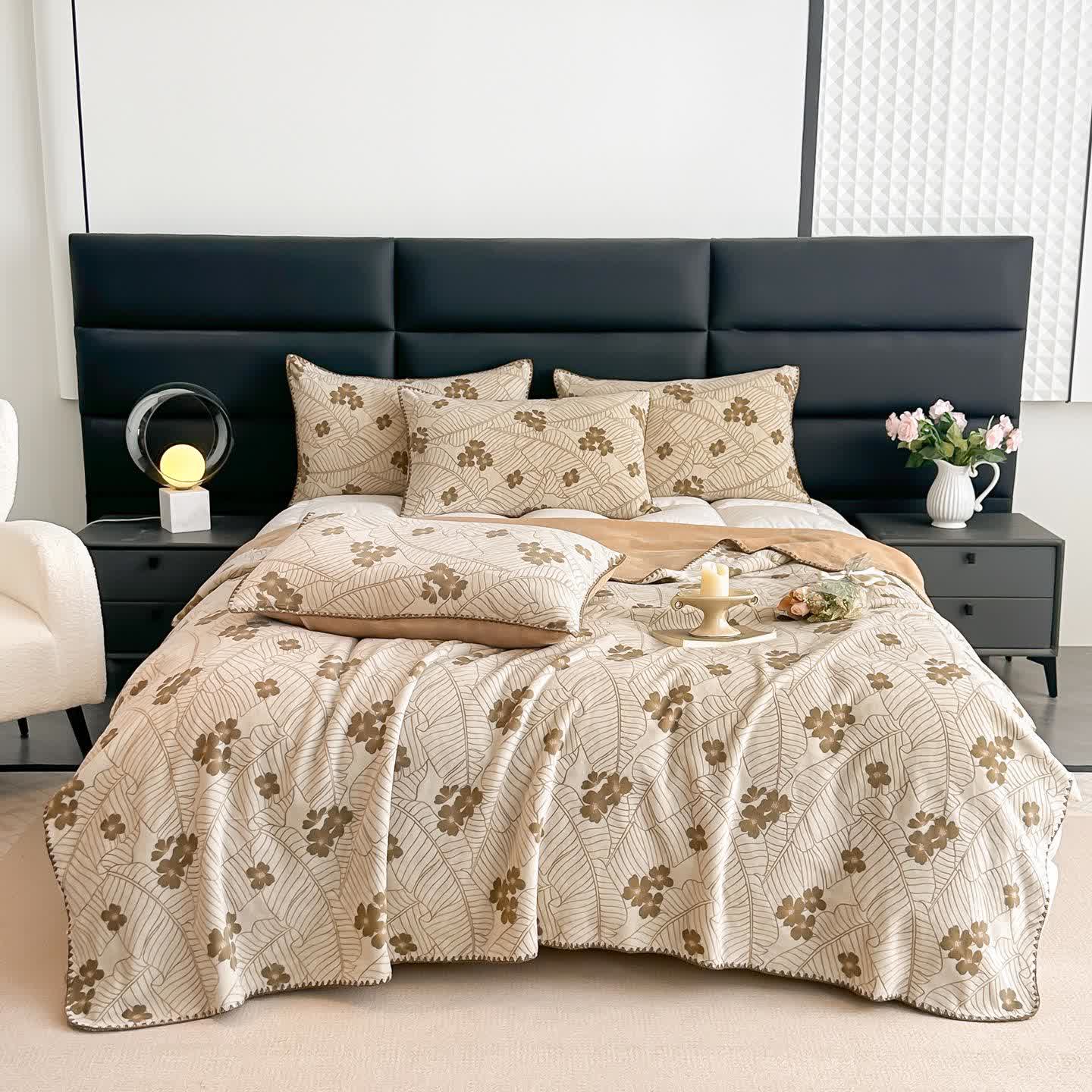 Couverture en jacquard avec motif de feuilles et de fleurs - 2 taies d'oreiller - Kaki - 48 cm x 74 cm - image 0