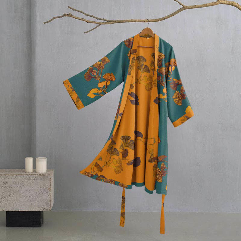 Grand peignoir kimono en coton avec feuilles de ginkgo - Vert et jaune - L - image 6