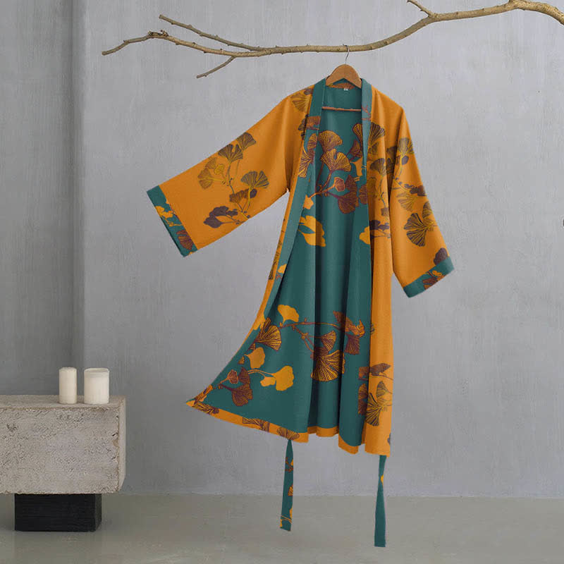 Grand peignoir kimono en coton avec feuilles de ginkgo - Jaune et vert - XL - image 8