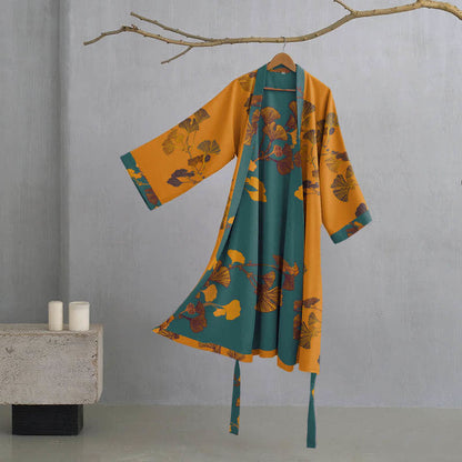 Grand peignoir kimono en coton avec feuilles de ginkgo - Jaune et vert - XL - image 8