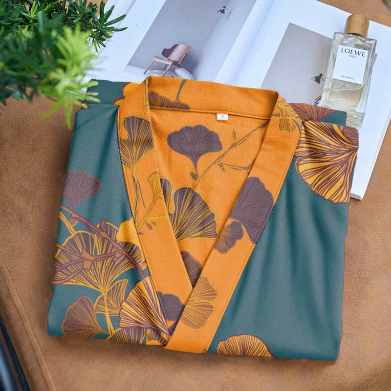 Grand peignoir kimono en coton avec feuilles de ginkgo - image 7