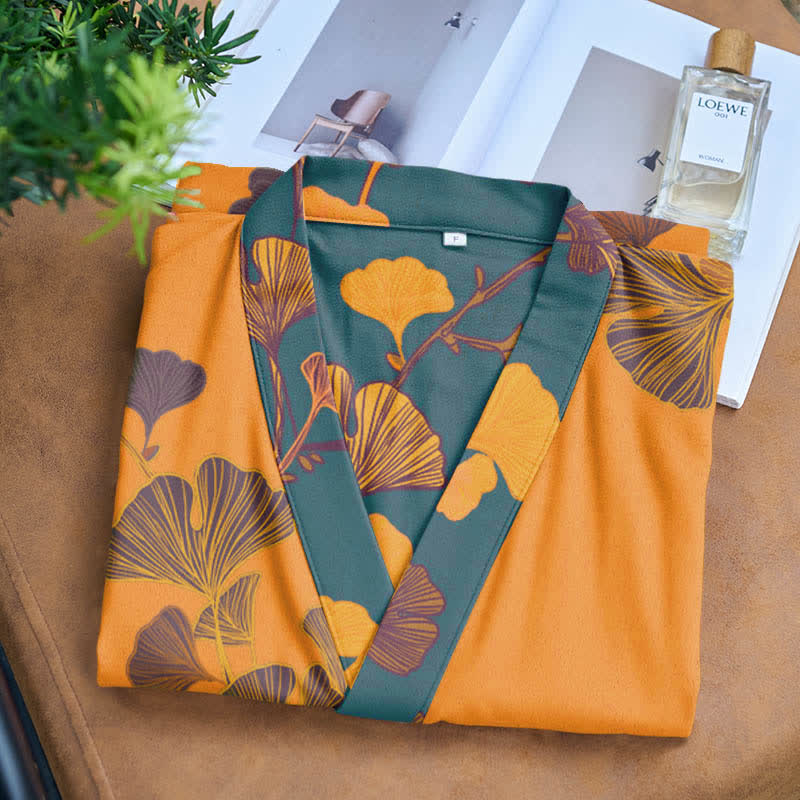 Grand peignoir kimono en coton avec feuilles de ginkgo - image 9