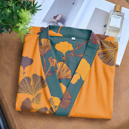 Grand peignoir kimono en coton avec feuilles de ginkgo - image 9