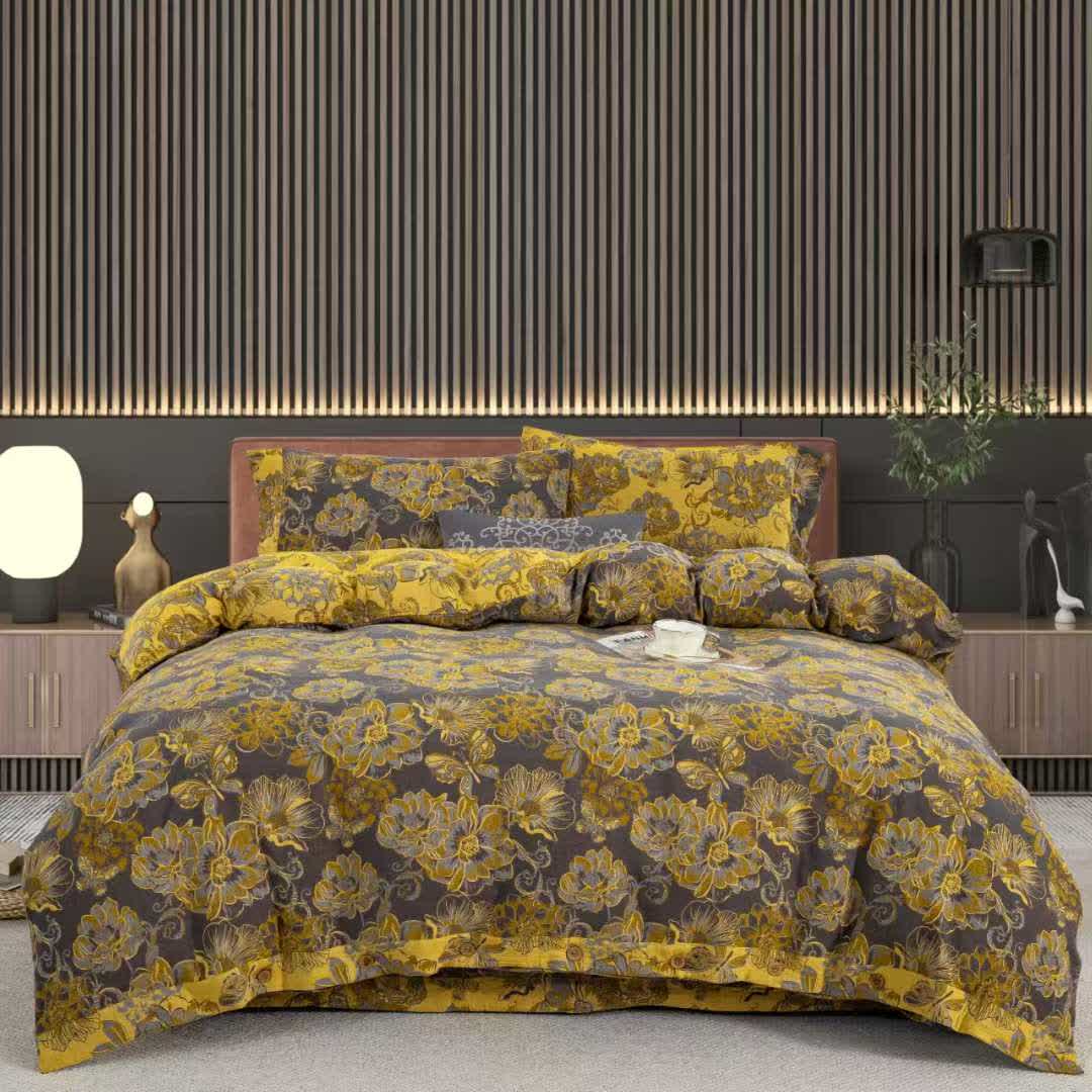 Parure de lit en gaze de coton à motif floral et papillons (4 pièces) - Noir et jaune - 220cm x 240cm - image 9
