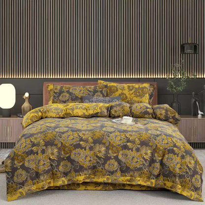 Parure de lit en gaze de coton à motif floral et papillons (4 pièces) - Noir et jaune - 220cm x 240cm - image 9