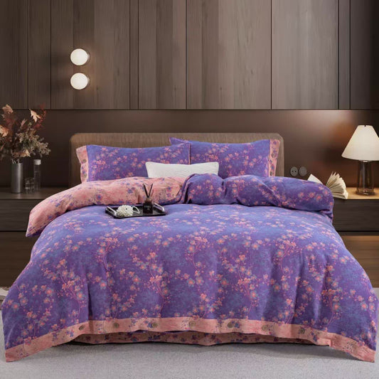 Parure de lit réversible en gaze de coton à motif floral (4 pièces) - Violet - 220cm x 240cm - image 0