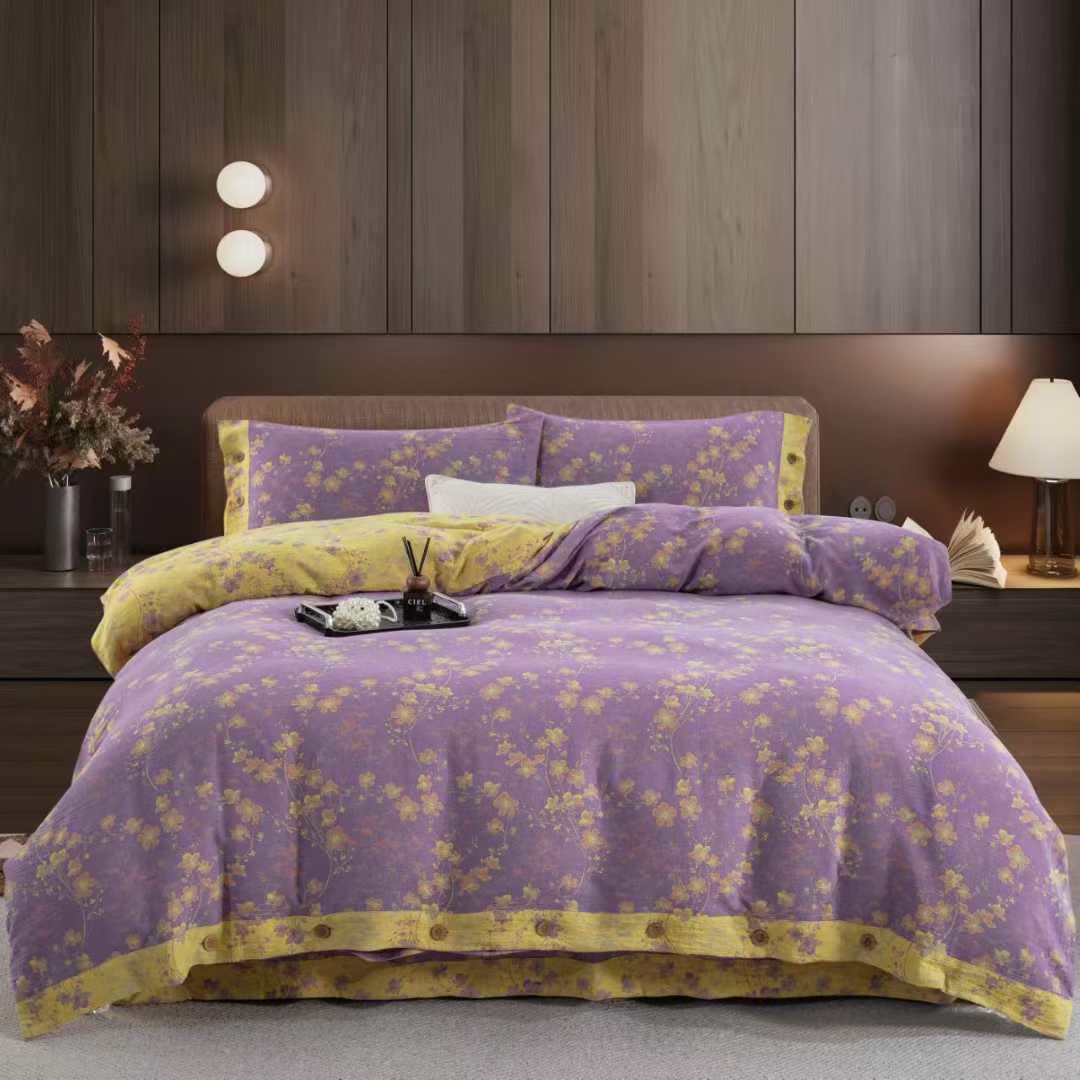 Parure de lit réversible en gaze de coton à motif floral (4 pièces) - Violet et jaune - 220cm x 240cm - image 11