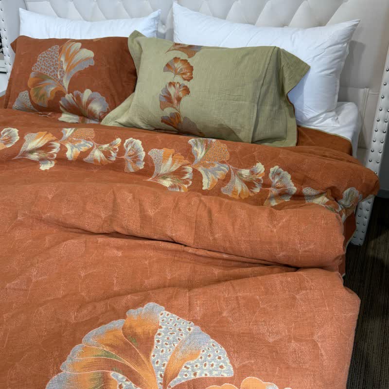Parure de lit en gaze de coton inspirée du ginkgo (4 pièces) - Orange - 220 cm x 240 cm - image 8