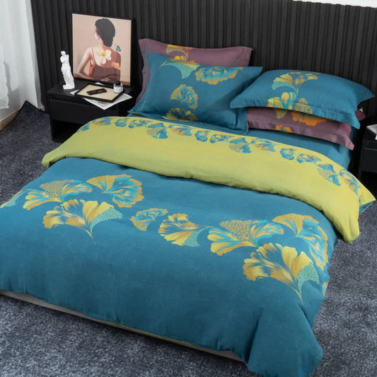 Parure de lit en gaze de coton inspirée du ginkgo (4 pièces) - Bleu et vert - 220 cm x 240 cm - image 0
