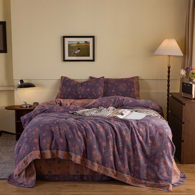 Parure de lit en gaze de coton à fleurs violettes (4 pièces) - 220cm x 240cm - image 0