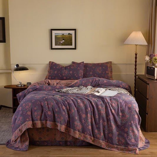 Parure de lit en gaze de coton à fleurs violettes (4 pièces) - 220cm x 240cm - image 0