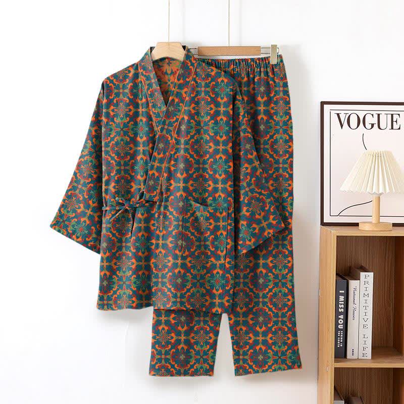 Ensemble de vêtements d'intérieur en kimono en coton à motifs géométriques - Bleu - XL - image 2