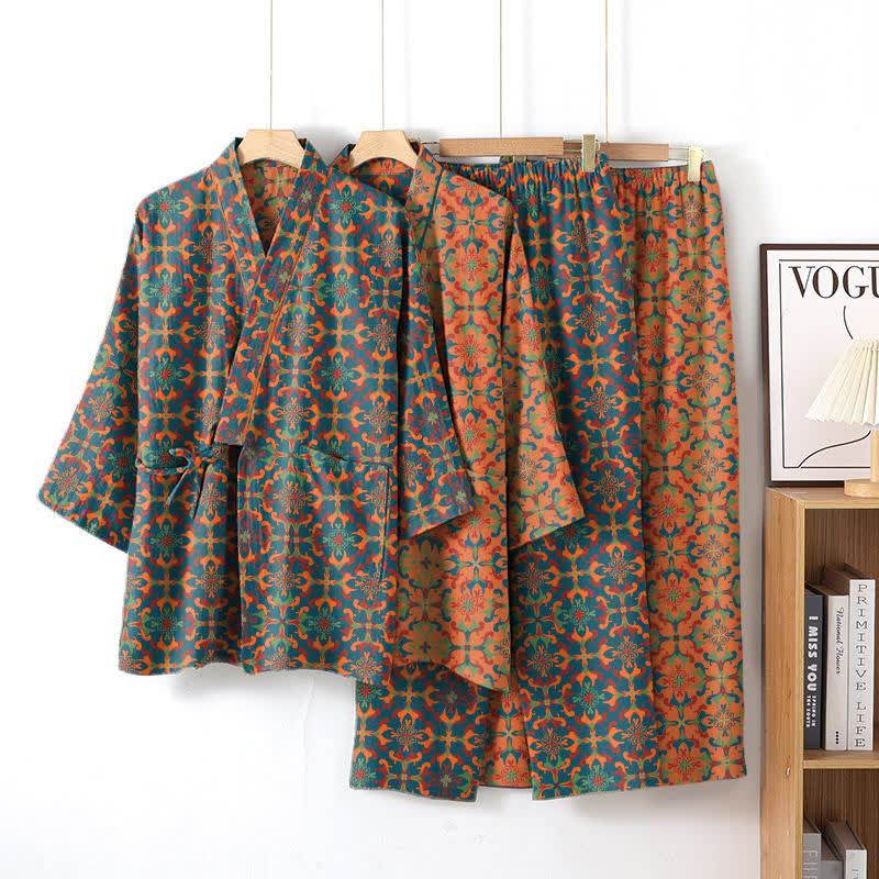 Ensemble de vêtements d'intérieur en kimono en coton à motifs géométriques - image 0